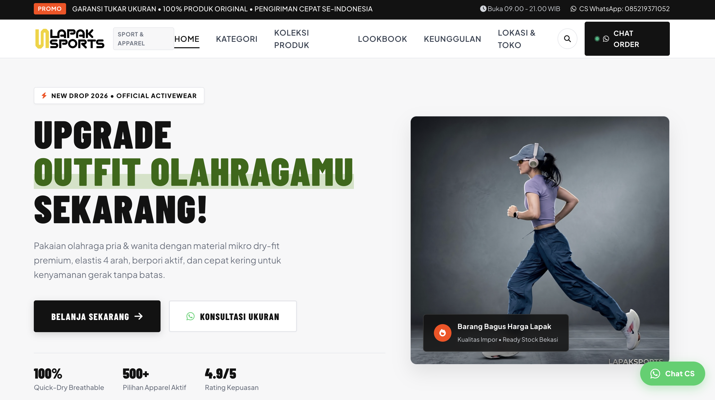 Tampilan website Lapak Sport – pakaian olahraga pria dan wanita